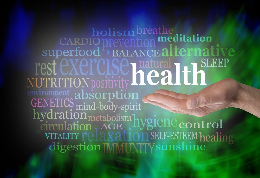 Male hand outstretched with the word 'Health' floating above, surrounded by a word cloud on a vibrant green and blue modern grunge background